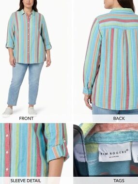 Kim Rogers 1X Pastel Stripe Cotton Linen Blouse 1X